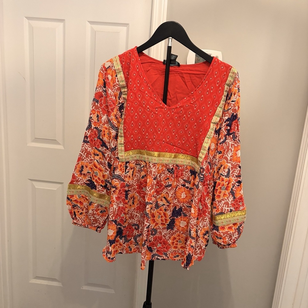 Cynthia Rowley Boho Floral Peasant Tunic Blouse Red Orange 1X Lightweight EUC